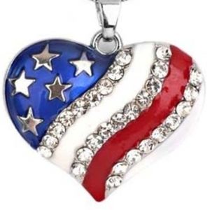 USA Necklace HEART Patriotic Stars Stripes Liberty Pendant Enameled Rhinstones